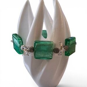 Chunky Green Art Glass‎ Statement Bracelet Toggle Clasp AB Crystal Bead Boho